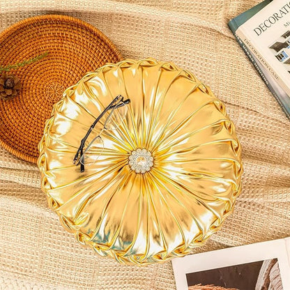Gold Round Throw Pillows, Soft Spandex Fabric Pumpkin Pleated Handmade Metallic Decorative Throw Pillows Floor Pillows Cushion for Sofa Couch Bed Living Room Chair Decoration