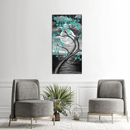 KREATIVE ARTS Teal Flower Tree Wall Art for Bedroom Cherry Blossom Tree in Full Moon Night Landscape Canvas Prints Artwork for Home Wall Decoration Ready to Hang Vertical 20x40inch (Green)