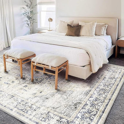 CHAMPLANT Washable Area Rug 8'x10' Floral Blue Boho Design Non-Shedding Non-Slip Easy Care Ideal for High Traffic Areas in Living Room Bedroom Office Coffee Table Kitchen Large Carpet