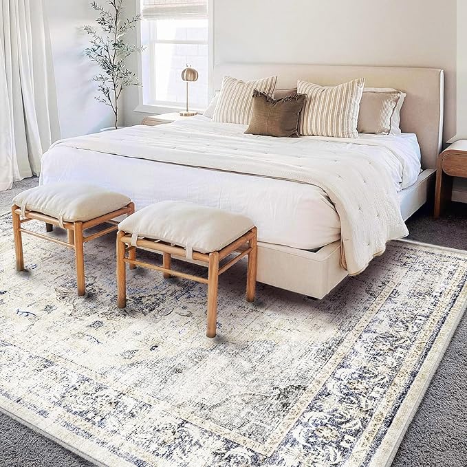 CHAMPLANT Washable Area Rug 10'x14' Floral Blue Boho Design Non-Shedding Easy Care Ideal for High Traffic Areas in Living Room Bedroom Office Coffee Table Kitchen Large Carpet