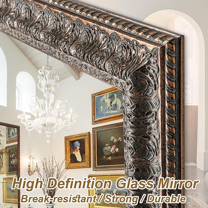 Chende 60" L x 31" W Large Full Length Mirror for Bedroom, Antique Bronze Decorative Mirror with Ornate Solid Wood Frame, Rectangular, Long Narrow Leaves Design, Unique