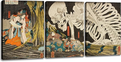 dgbtcart Japanese Wall Art Witch and Skeleton Ukiyo-E by Utagawa Takiyasha Canvas Prints Wall Art Triptych Paintings Goth Poster Decor for Bedroom Living Room 12" x 16"x3 Pcs
