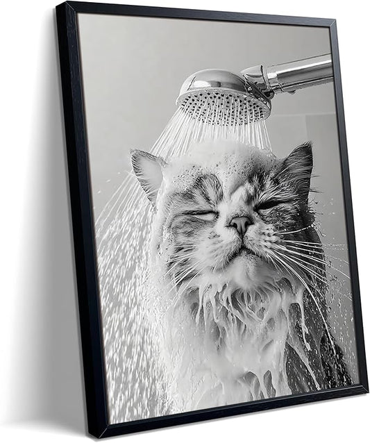 XYHYRA Cute Cat Bathroom Decor Funny Animal Bathroom Wall Art Cat Bathing Wall Decor Poster Painting Black and White Canvas Print Artwork Modern Farmhouse Restroom Home Decoration 12x16 Inch Wood Framed