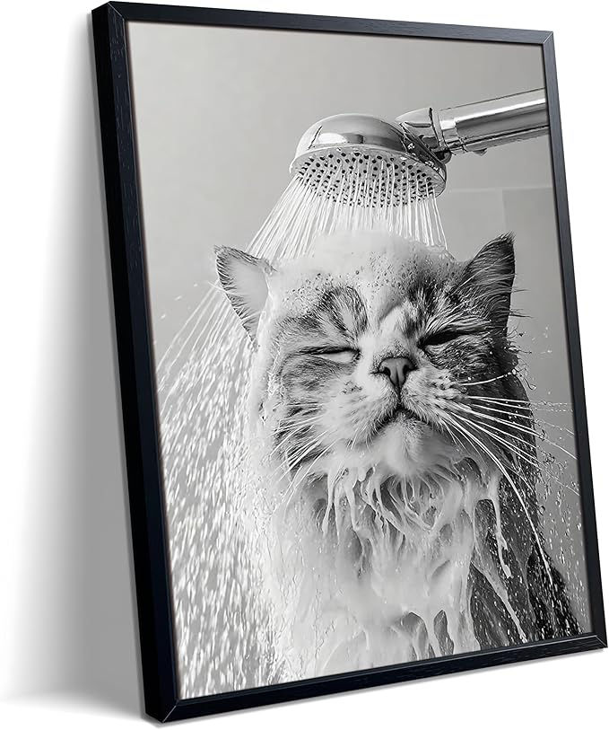 XYHYRA Cute Cat Bathroom Decor Funny Animal Bathroom Wall Art Cat Bathing Wall Decor Poster Painting Black and White Canvas Print Artwork Modern Farmhouse Restroom Home Decoration 8x10 Inch Wood Framed