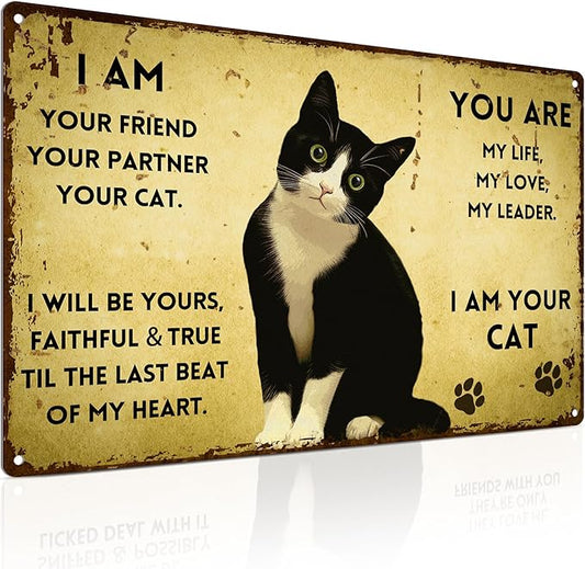 ALKB Vintage Metal Cat Sign - "I Am Your Friend, Your Partner, Your Cat" - 8"x12" Retro Metal Wall Decor for Cat Lovers, Pet Themed Gift with Paw Prints.