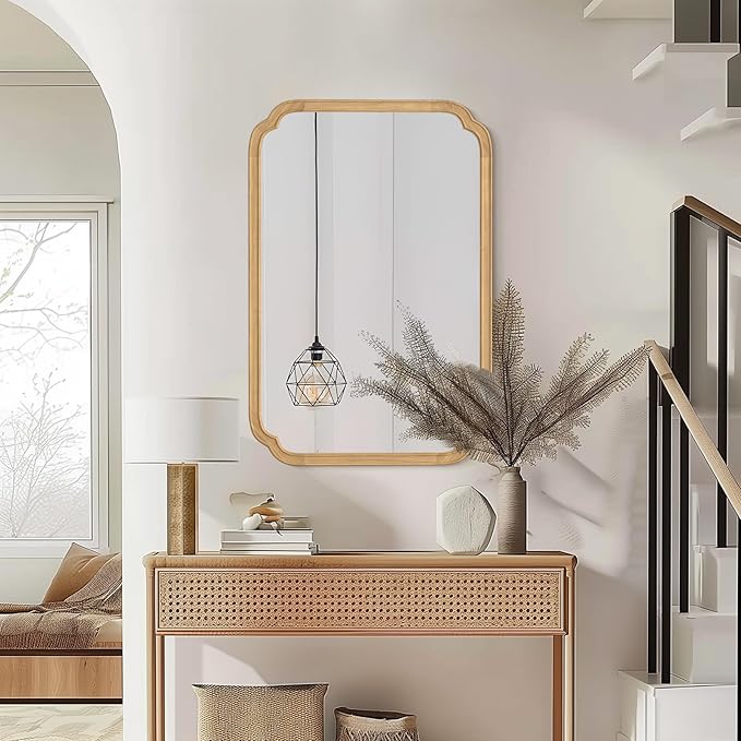 HOMECOOKIN Wood Bathroom Mirror for Wall Decor Arched Rounded Corner Rustic Wood Frame Wall Mirror Home Decorative for Vanity, Living Room, Bedroom, Entryway (24 x 36 inch, Natural)