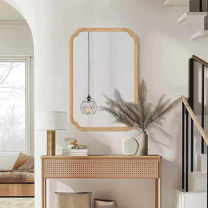 HOMECOOKIN Wood Bathroom Mirror for Wall Decor Arched Rounded Corner Rustic Wood Frame Wall Mirror Home Decorative for Vanity, Living Room, Bedroom, Entryway (24 x 36 inch, Natural)