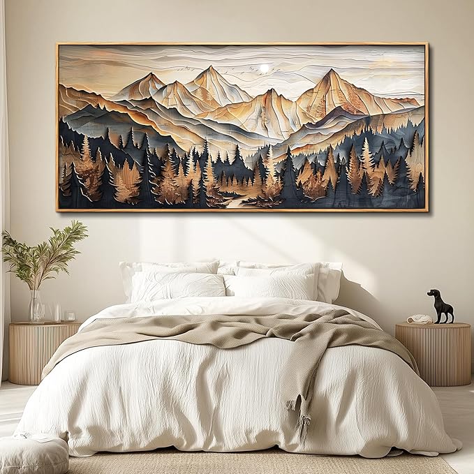 Wood Farmed Canvas Wall Art For Living Room Large Wall Decor For Office Bedroom Decorations Mountain Landscape Pictures Abstract Painting Artwork Room Wall Mural Aesthetic Home Decor 32x72 In