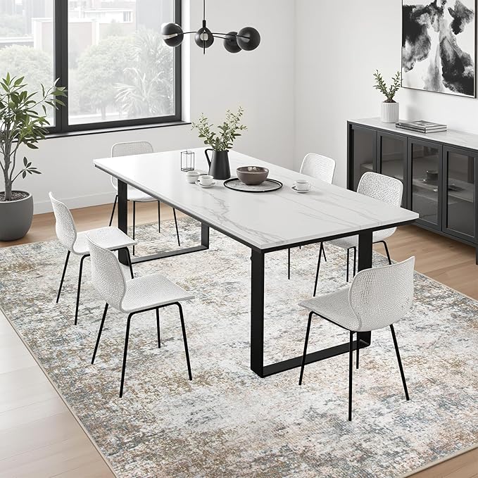8x8 Area Rug Living Room Rug: Washable Modern Abstract Soft Thin Rug Indoor Floor No Slip Stain Resistant Carpet for Bedroom Dining Room Farmhouse Nursery Home Office - Brown Grey