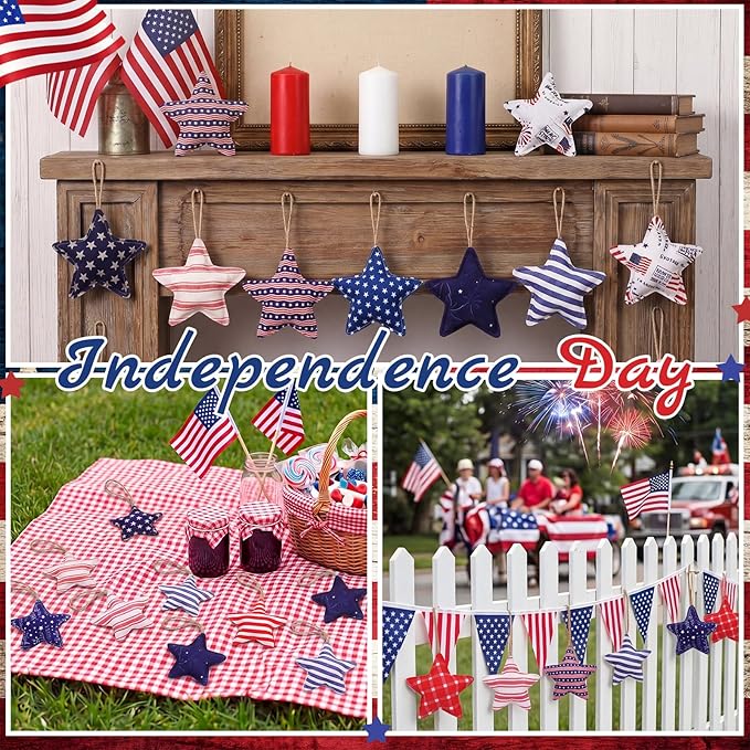 Soulchen 12 Pcs 4th of July Patriotic Ornaments Red Blue White Fabric Star Hanging Ornament Stuffed Stripe Check Star Memorial Day Tree Decoration for 250th Anniversary Independence Veterans Day Decor