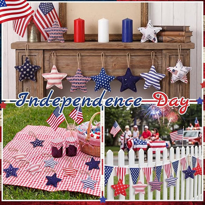 Soulchen 12 Pcs 4th of July Patriotic Ornaments Red Blue White Fabric Star Hanging Ornament Stuffed Stripe Check Star Memorial Day Tree Decoration for 250th Anniversary Independence Veterans Day Decor