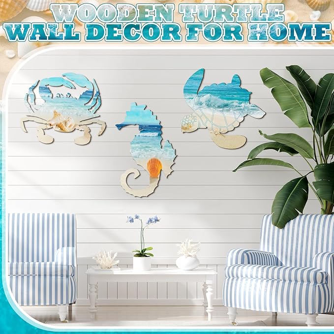 Tatuo 3 Pcs Summer Coastal Wall Decor Bathroom Beach Blue Wall Art Sea Turtle Surfboard Seahorse Starfish Seashell Conches Crabs Sea Life Decor for Bedroom Home (Turtle,Seahorse,Crab)