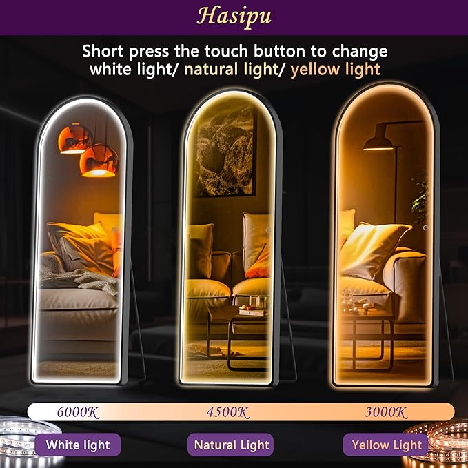Hasipu Arched Full Length Mirror with Lights, 56" X 16" Lighted Full Body Mirror with Stand, Dimming 3 Colors & Brightness Adjustable, Bedroom Cloakroom Living Room, White Modern Arch Metal Frame