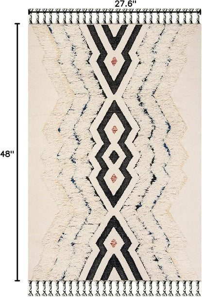 SAFAVIEH Kenya Collection Accent Rug - 2'3" x 4', Ivory & Black Blue, Hand-Knotted Moroccan Tribal Tassel Wool, Ideal for High Traffic Areas in Entryway, Living Room, Bedroom (KNY905A)