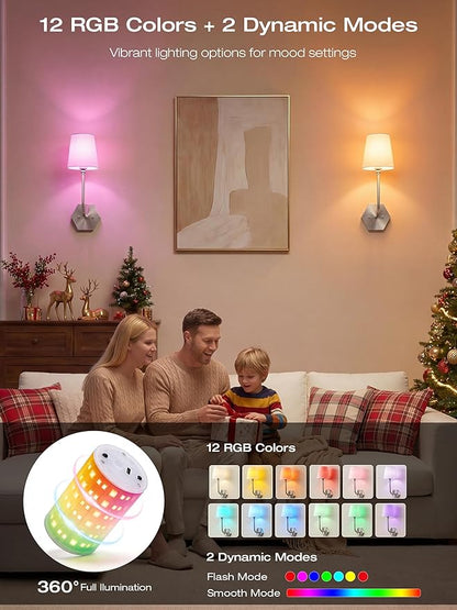 CLOUDY BAY 10000mAh Battery Operated Wall Sconces,Up to 100 Hours with Rechargeable RGB Dimmable Magnetic Bulb,Cordless Wall Lighting Fixtures with Remote for Bedroom,Brushed Nickel,2 Pack-17.9inch