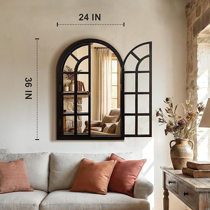 TRAHOME Arched Windowpane Mirror, 24"x36" Black Wood Frame Rustic Farmhouse Wall Mirror, Vintage Decorative Window Mirror for Living Room, Entryway, Bathroom