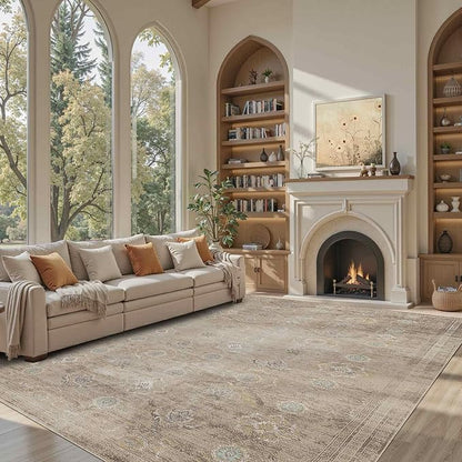 Rugxara 8x10 Area Rugs for Living Room, Large Washable Rug, Beige Vintage Retro Boho Style, Non Slip & Low Pile Faux Wool Carpet for Indoor Dining Room, Bedroom, Dorm, Classroom and Kids Room