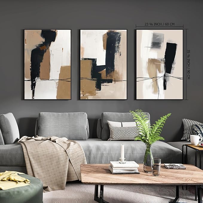 SAFERRYHOME Neutral Abstract Black and Tan Brown Wall Art Framed Canvas Prints, Mid-Century Minimalist Modern Decor Large Artwork for Living Room, Home Office, Dining Room - 3 Panels 24x36 Inch
