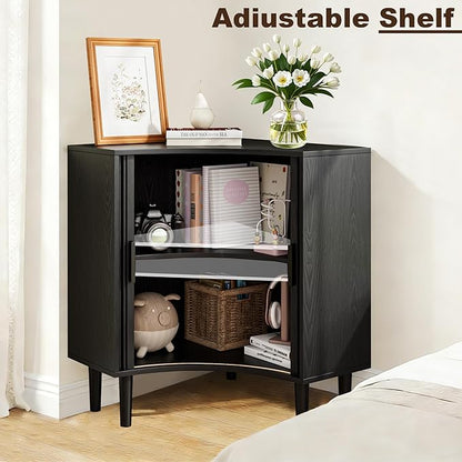 Lxsxlome Fluted Corner Cabinet, Small Corner Floor Cabinet with Sliding Doors and Adjustable Shelves, Modern Wooden Freestanding Narrow Storage Organizer for Small Space,Living Room (Black, 29.5" H)