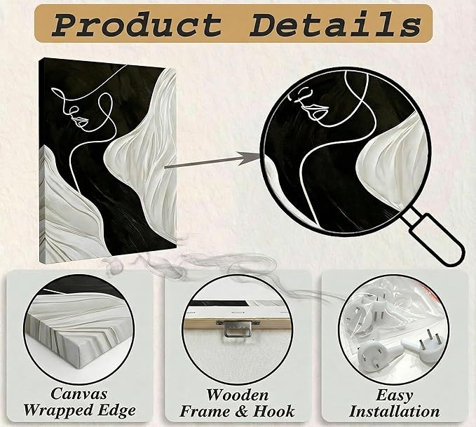 Abstract Female Line Canvas Wall Art Modern Abstract Figure Graphic Wall Decor Picture 3d Texture Black White Grey Minimalist Poster Print Painting for Living Room Bedroom Bathroom Home Decoration