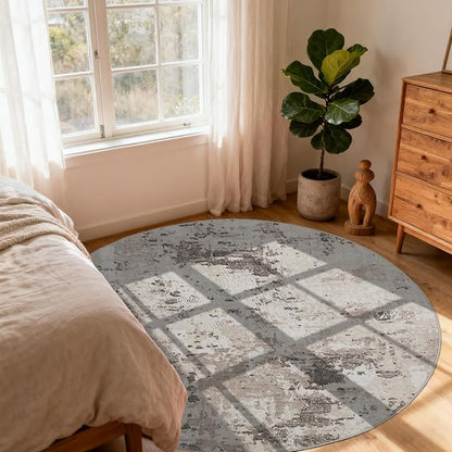ROYHOME Modern Abstract 6x6 Round Area Rug Non Slip Non Shedding Rug Low Pile Stain Resistant for Bedroom Living Room Office Dining Room,Brown Grey
