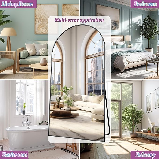 Full Length Mirror, 81"x41" Oversized Floor Mirror Freestanding, Full Body Floor Standing Mirror with Stand, Hanging Mounted for Bedroom Living Room, Black, Arched Style