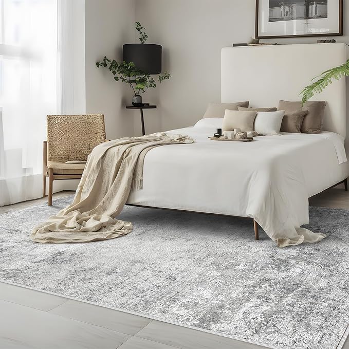 Washable 5x7 Abstract Area Rug - Modern Non Slip Stain Resistant Area Rugs for Living Room Bedroom Nursery - Neutral Thin Low-Pile Indoor Carpet Soft Floor Mat for Boho Room Decor (5X7 Grey)