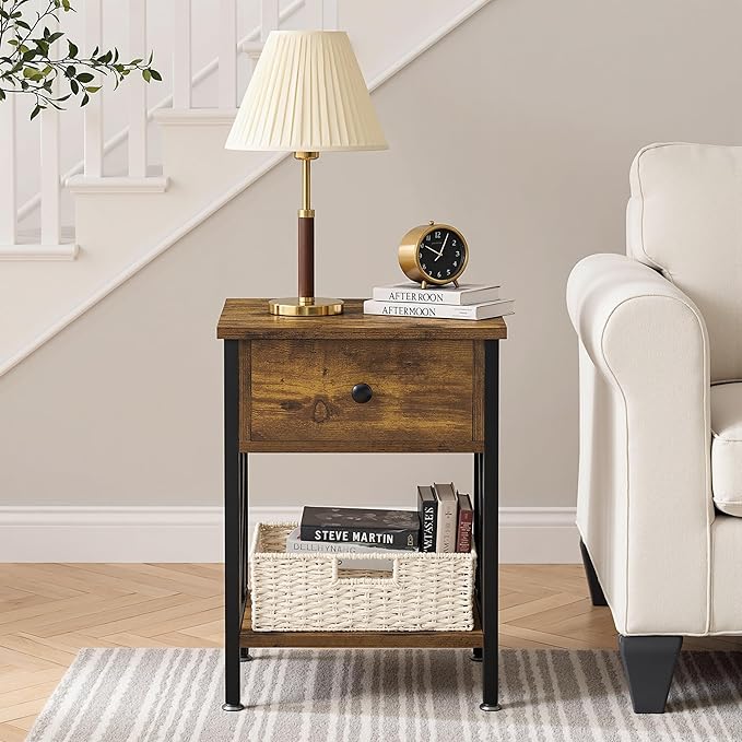 VECELO Nightstand,Modern Bedside End Tables, Night Stand with Drawer and Storage Shelf for Living Room Bedroom, Industrial Metal Frame