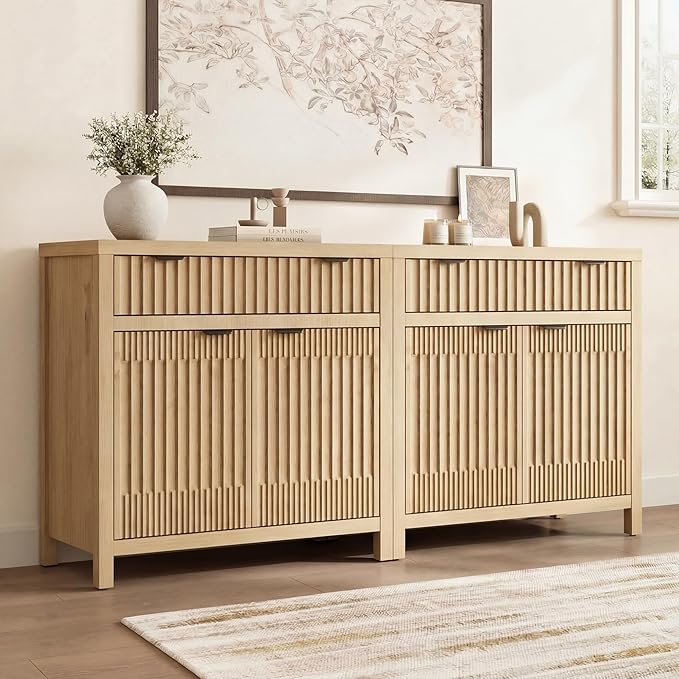 Fatmok Fluted Buffet Cabinet with Storage, 34" Tall Modern Arched Sideboard Cabinet w/AdjustableShelves,Wooden Modular Coffee Bar for Dining Room, Kitchen, Living Room, Entryway, Natural