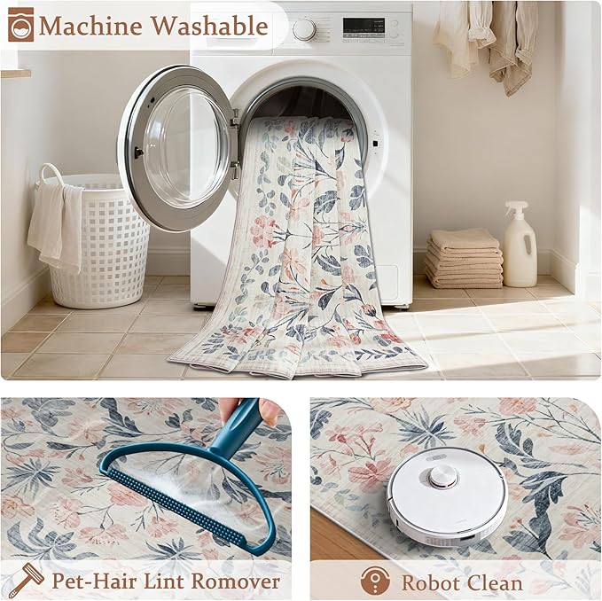 6x9 Area Rugs Washable Rug: Lagre Boho Living Room Rug Soft Non-Slip Thin Carpet Indoor Floor Non-Shedding Neutral Floral Carpets for Bedroom Dining Room Farmhouse Nursery Multi