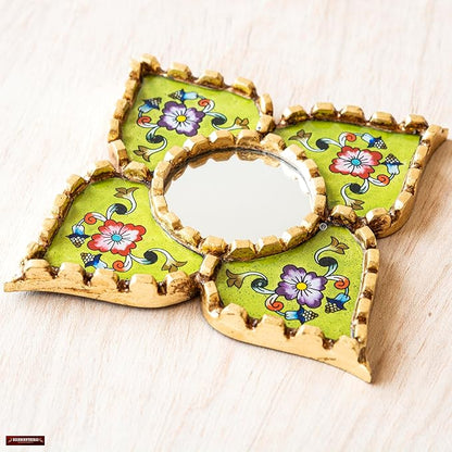 Small Green Peruvian Mirrors for wall Holiday – Diamond/Square Shape wall Artisan Mirror in Painted Glass with Gold Leaf Frame (Lime Green)
