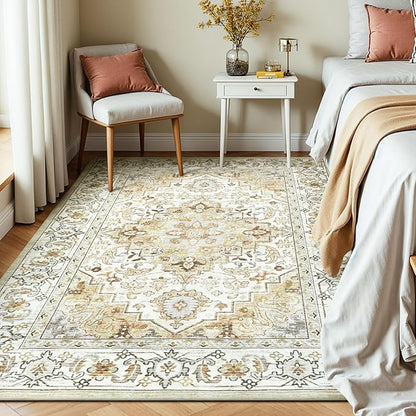 Lessymo 5x7 Area Rugs- Machine Washable Area Rugs, Super Soft Faux-Wool Area Rug for Living Room Bedroom, Boho Area Rug Vintage Floral Medallion Non-Slip Low Pile, Kid & Pet Friendly, Beige