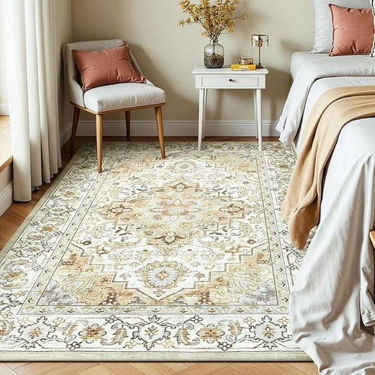 Lessymo 5x7 Area Rugs- Machine Washable Area Rugs, Super Soft Faux-Wool Area Rug for Living Room Bedroom, Boho Area Rug Vintage Floral Medallion Non-Slip Low Pile, Kid & Pet Friendly, Beige
