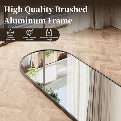 57"x21" Arched Full Length Mirror, Brushed Black Aluminum Frame Floor Mirror with Stand, HD Shatterproof Glass & Rust-Proof Body Mirror for Bedroom, Living Room, Bathroom, Entryway