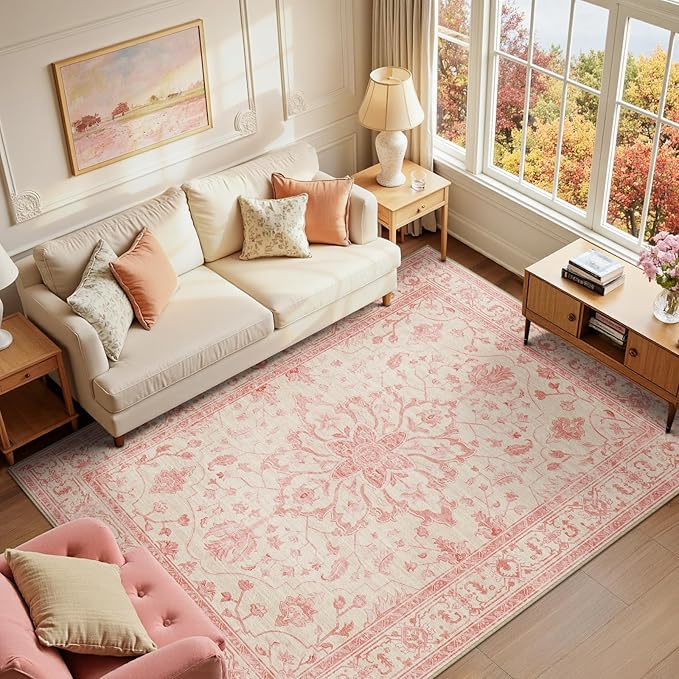 RELEANY Area Rugs 6'x9' Washable Non-Slip, Floral Vintage Distress Print Pattern Medallion Carpet for Living Room Bedroom Dining Room, Pink Light Vintage Pink