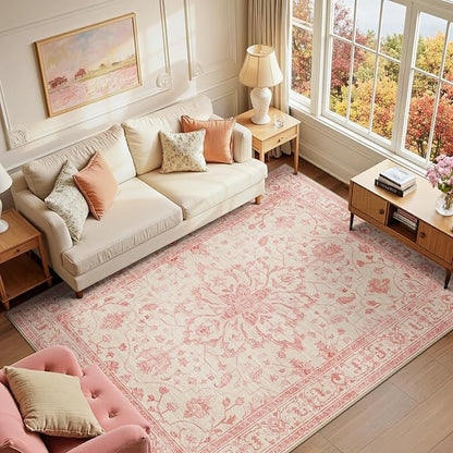 RELEANY Area Rugs 6'x9' Washable Non-Slip, Floral Vintage Distress Print Pattern Medallion Carpet for Living Room Bedroom Dining Room, Pink Light Vintage Pink