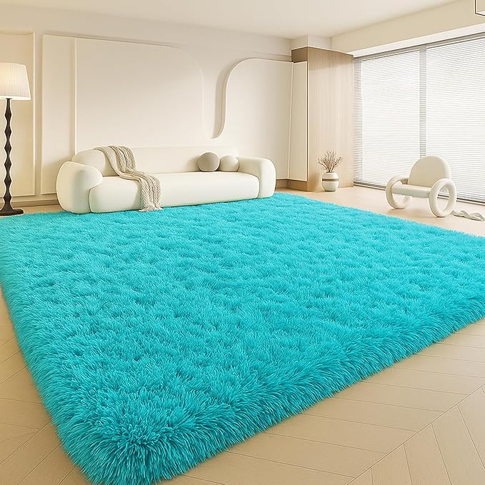 8x10 Area Rugs Living Room, Large Plush Fluffy Bedroom Carpet, Non-Slip Upgraded Indoor Thick Soft Rug, Modern Plush Carpet Suitable for Kids Home Decor Aesthetics Dorm,Teal Blue.