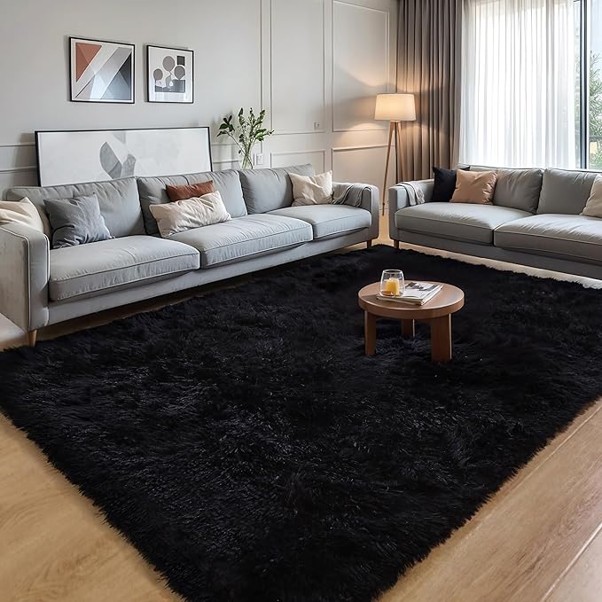 KICHOWUA Area Rug Black Fluffy Shag 5x7 for Bedroom, Ultra Soft Plush Fuzzy Washable Thickened Non-Slip Floor Carpet, Modern Cozy Furry Rug for Living Room Kids Baby Boys Girls Nursery Dorm