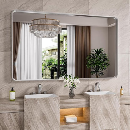 JISOSO Brushed Nickel Bathroom Mirror 60x30 Inch, Brushed Silver Metal Frame Mirror Wall Mounted, Rounded Rectangle Bathroom Vanity Mirror, Tempered Glass, Anti-Rust, Horizontal/Vertical