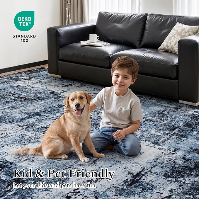 Rugflix 4x6 Area Rug for Living Room, Washable Non-Slip Stain-Resistant Low Pile, Modern Dark Carpet for Dining Room/Home Office/Kid Room/Nursery/Bedroom, Navy Blue/Black