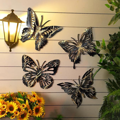 Qunclay 4 Pcs Wooden Butterfly Wall Decor Large Butterfly Wall Art Boho Home Hanging Modern Sculpture Decorations Modernist Signs for Living Room Bathroom Yard Gallery Indoor Outdoor(Black, Gold)