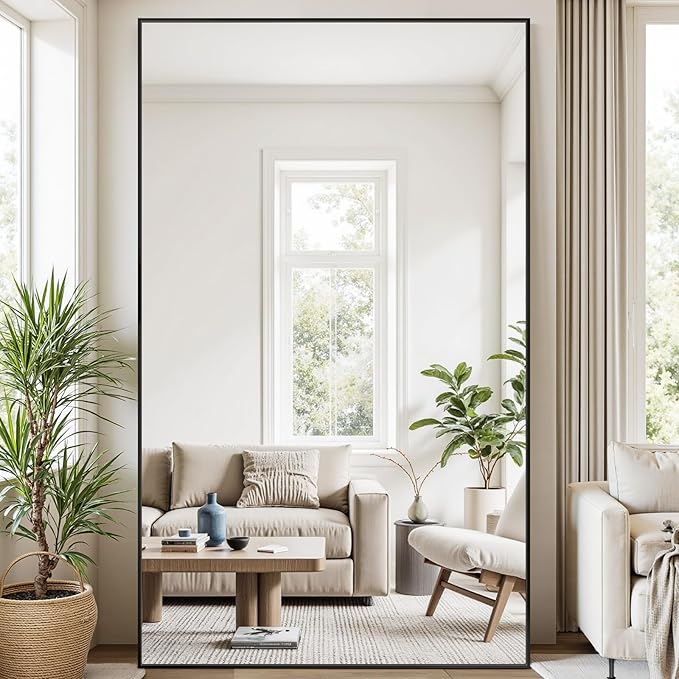 Antok Full Length Mirror,46"x91" Oversized Floor Mirror Freestanding, Full Body Mirrors Floor Standing Mirrors with Stand, Hanging Mounted for Living Room Cloakroom, Black, Rect Style