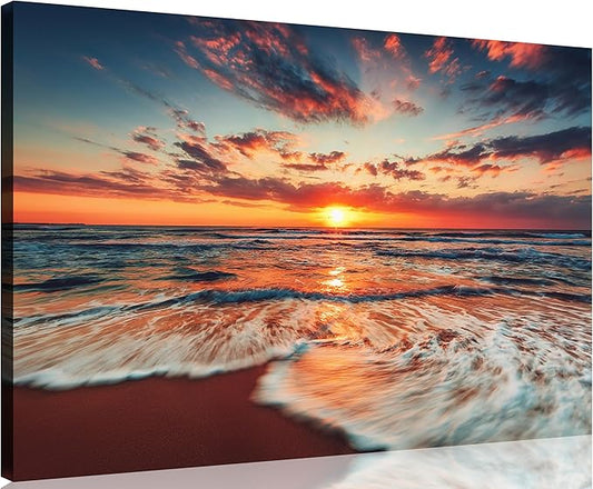 TutuBeer 1 Panel Picture of the Beach Ocean Pictures Blue Sea Beach at Sunrise Art Print on Canvas Sea Wall Decor Ocean Wall Art Seascape Canvas Stretched and Framed 20" x 30"
