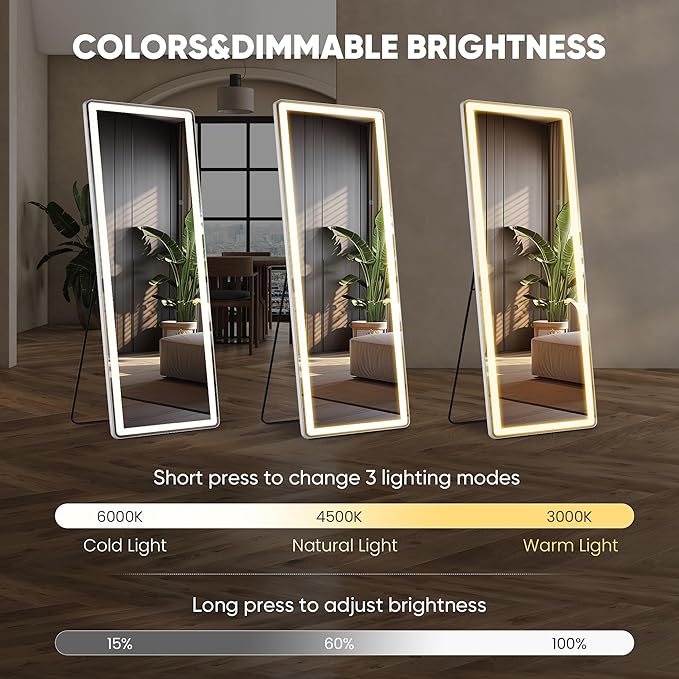 Full Length Mirror with Stand 26"×71", Upgraded Full Body Mirrors with LED Light 3 Color Lighting, Floor Standing, Hanging or Leaning Modern Simple Home Wall Decor, White