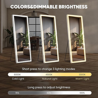 Full Length Mirror with Stand 26"×71", Upgraded Full Body Mirrors with LED Light 3 Color Lighting, Floor Standing, Hanging or Leaning Modern Simple Home Wall Decor, White