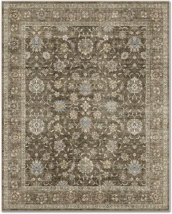 Washable 10x14 Area Rugs for Living Room, Boho Non-Slip Vintage Distress Large Rugs for Bedroom Dining Room Office, 0.3" Neutral Oriental Throw Thin Carpet, Tan/Flaxen/Multi, E2