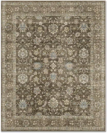Washable 5x7 Area Rugs for Living Room, Boho Non-Slip Vintage Rugs for Bedroom Dining Room Nursery Office, 0.3" Neutral Oriental Throw Thin Carpet with Cushioning Pad, Tan/Flaxen/Multi, E2