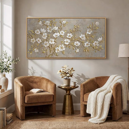 Large Framed Neutral Botanical Wall Art for Living Room, Rustic Elegant Magnolia Floral Canvas Prints Paintings, White Flower with Gold Branches Pictures for Dining Room Office Wall Decor, 60x30 Inch
