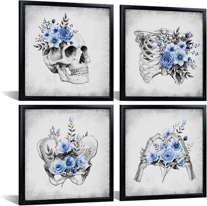 KREATIVE ARTS 4-Piece Gothic Skull Canvas Wall Art Set with Black Frame, 12x12 Each, Grey and Blue Floral Skeleton Anatomy Prints Framed Artwork Ready to Hang