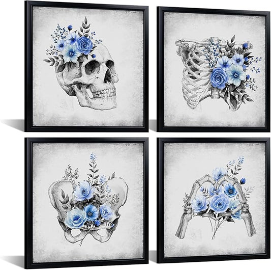 KREATIVE ARTS 4-Piece Gothic Skull Canvas Wall Art Set with Black Frame, 12x12 Each, Grey and Blue Floral Skeleton Anatomy Prints Framed Artwork Ready to Hang